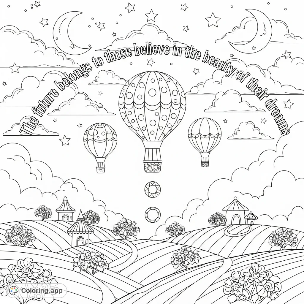 A whimsical dreamscape coloring page with hot air balloons, stars, and fluffy clouds, featuring an inspiring quote about believing in dreams.