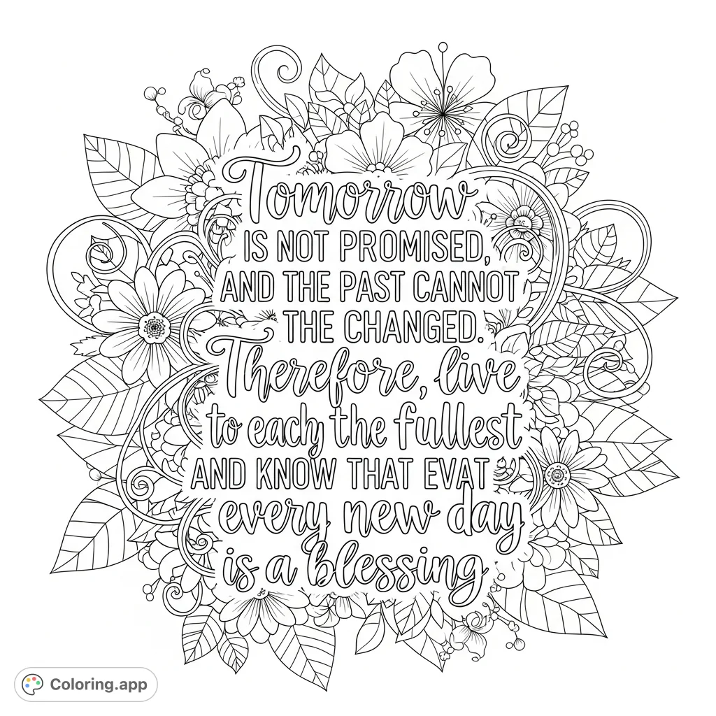 An inspiring quote, "Live each day to the fullest," beautifully presented amidst an intricate, lush floral background with vines, leaves, and detailed blossoms.