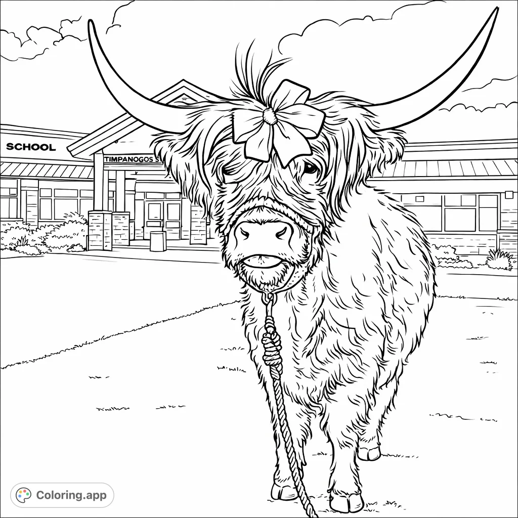 A charming Highland cow with a decorative bow stands proudly in front of a school building, ready for a fun coloring adventure.