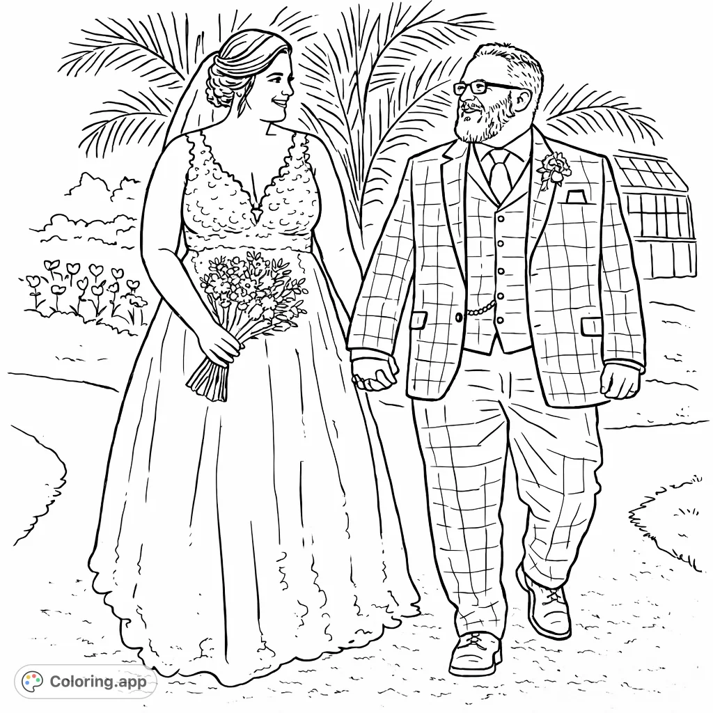 Capture the joy of a newly married couple walking hand-in-hand through a beautiful garden on their special day. A heartwarming scene perfect for celebrating love.
