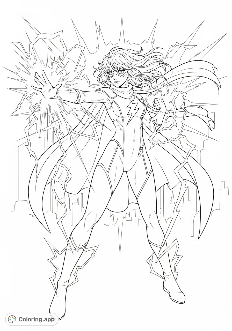 Unleash your creativity with this dynamic Lightning girl anime superhero coloring page. Featuring a powerful heroine amidst electric energy, perfect for action fans.
