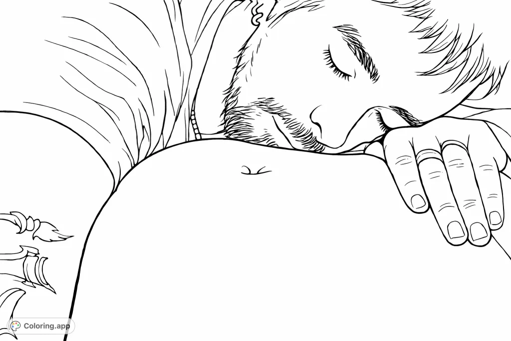 A tender scene featuring an individual resting their head and hand on a rounded belly, capturing a moment of quiet connection and intimacy. Perfect for a calming coloring experience.