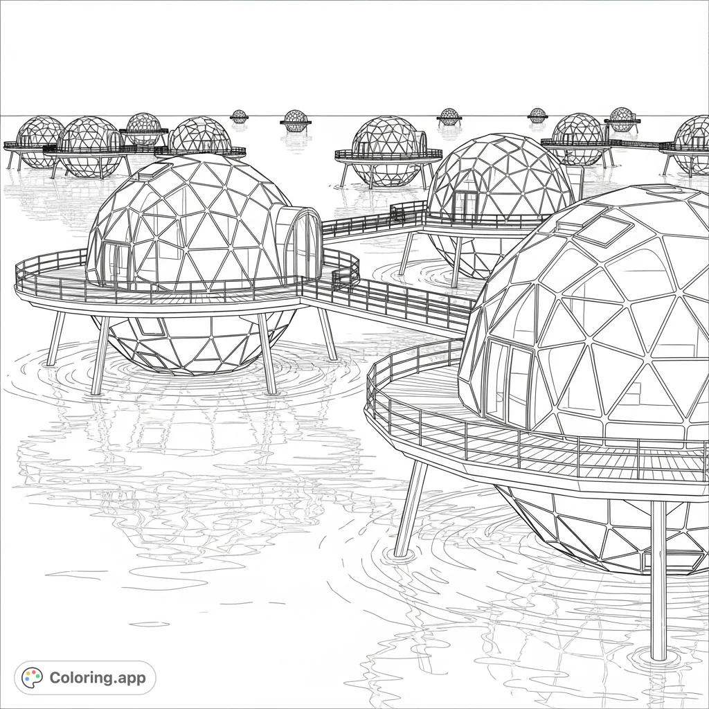 Explore an advanced ocean habitat with this futuristic geodesic ocean living pods coloring page. Featuring intricate structures and serene water reflections.