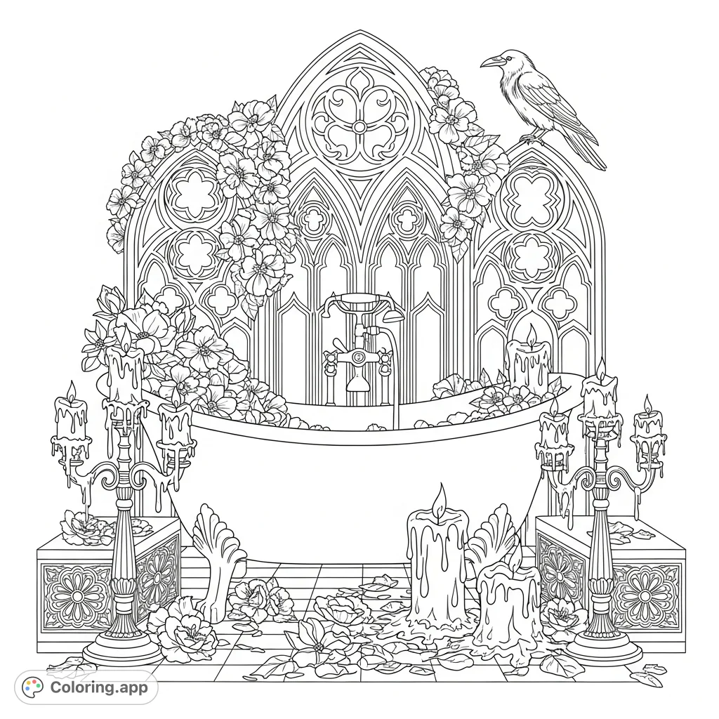Immerse yourself in a captivating gothic scene featuring an ornate clawfoot bathtub, melting candles, scattered flowers, and a watchful raven. Intricate Victorian patterns abound.