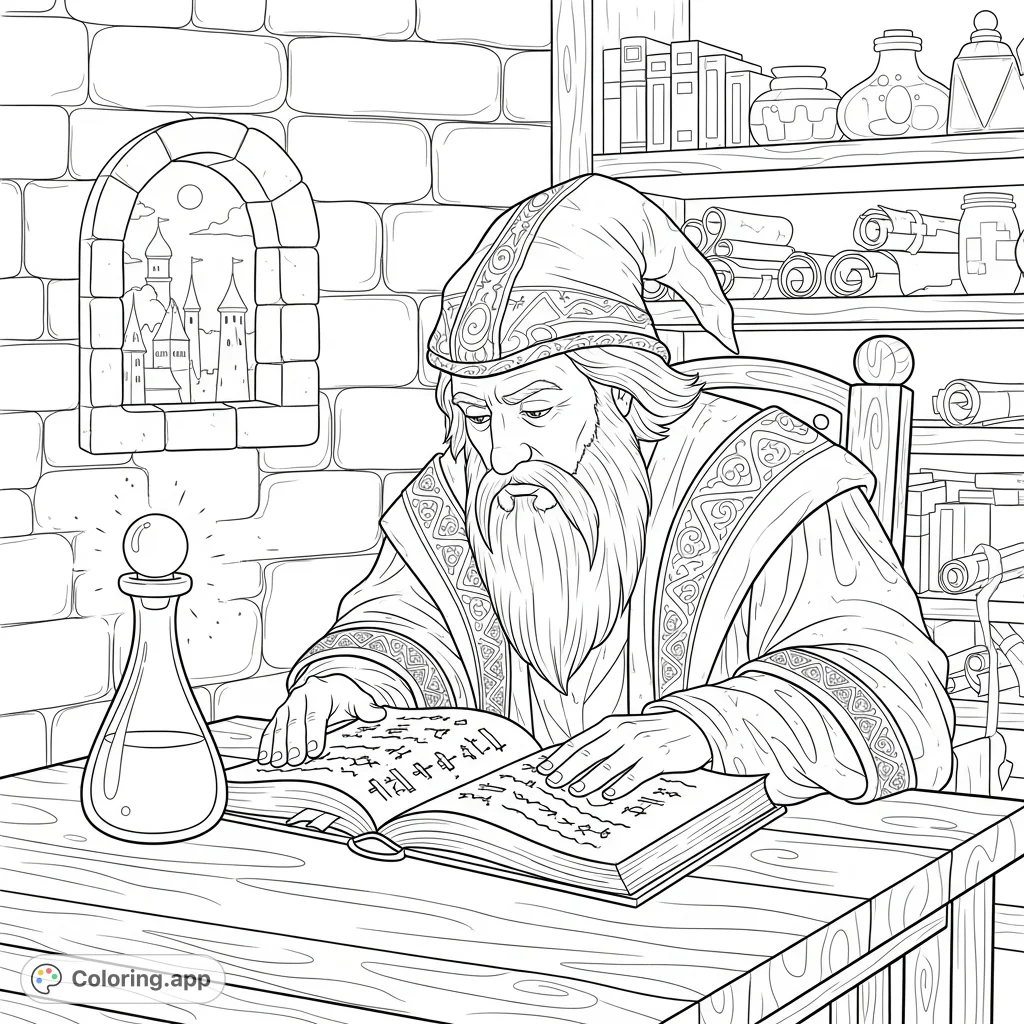 A wise wizard delves into a magic book, surrounded by mystical items including a radiating potion bottle. Perfect for fantasy enthusiasts.