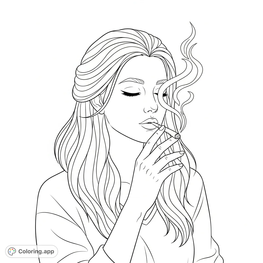 A young lady with flowing hair in a calm pose, holding a cannabis cigarette. Smoke drifts around her serene face in this focused, stylized portrait.