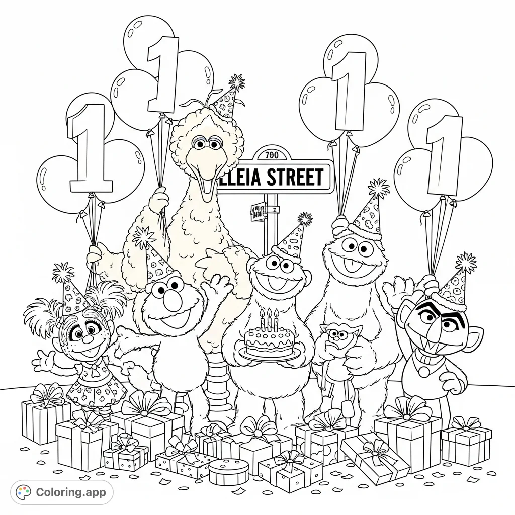 Join Elmo, Big Bird, Cookie Monster, and friends for a joyous birthday celebration on Leia Street. A fun and festive free printable Sesame Street coloring page!