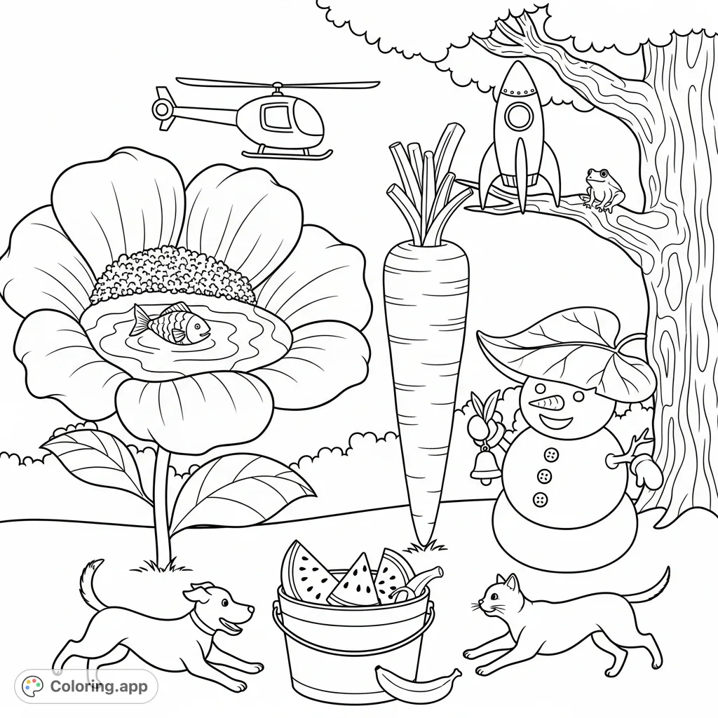 Explore a whimsical garden scene featuring a colossal flower, enormous carrot, rocket, snowman, and playful animals. A delightful free printable coloring page.
