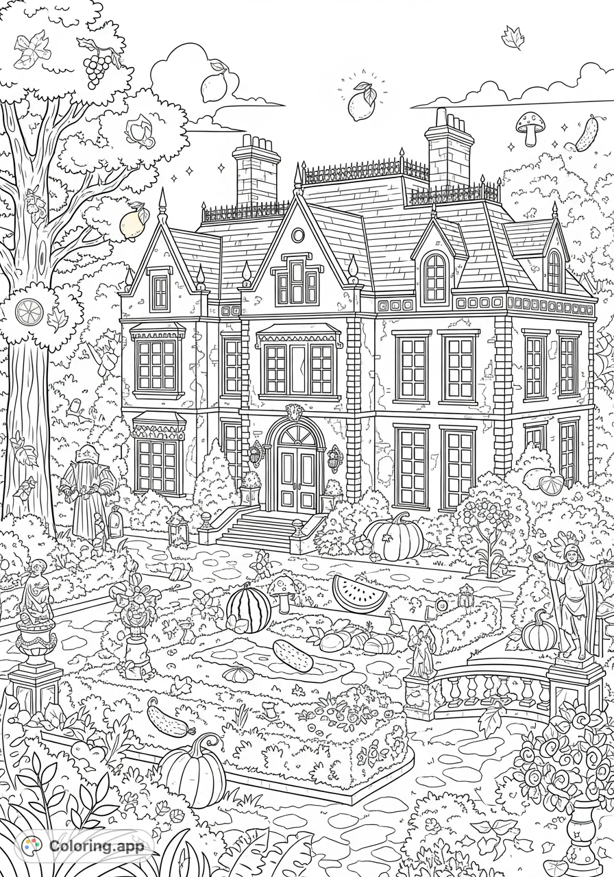 Discover a beautiful old mansion nestled in a grand garden, filled with delightful hidden objects and characters waiting to be found and colored!