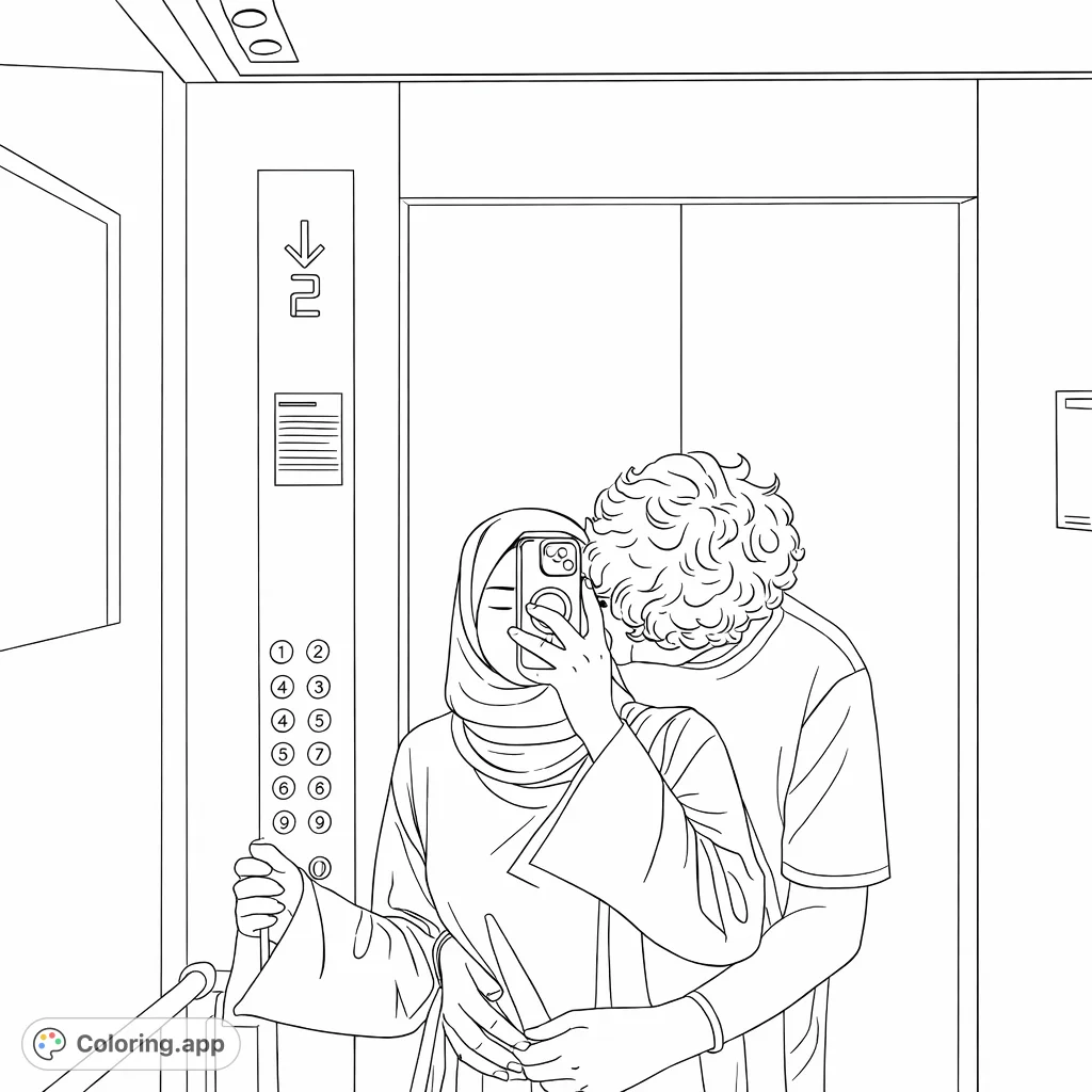Capture a modern moment with this elevator couple selfie coloring page. Features an embracing duo, phone detail, and detailed elevator interior.