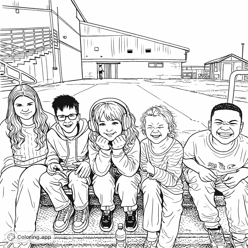 A diverse group of five friends sits together on outdoor steps, showcasing joyful expressions. A heartwarming scene of camaraderie for coloring fun.