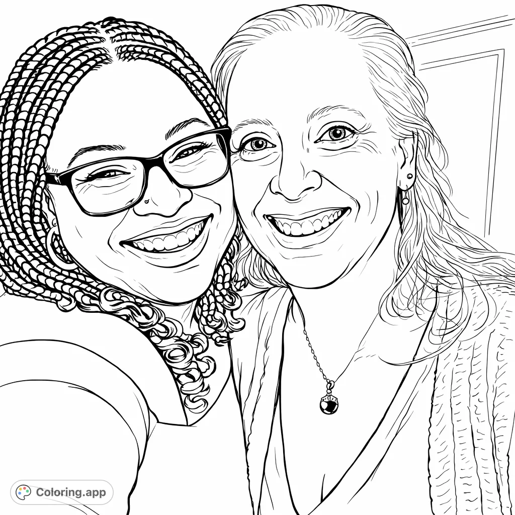 A heartwarming portrait of two smiling women, capturing a moment of friendship and joy against a simple, elegant background.