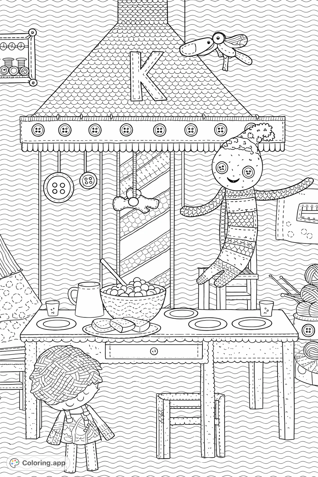A charming scene with whimsical figures enjoying a meal at a patterned table. Perfect for a free printable whimsical coloring page, fostering creativity and fun.