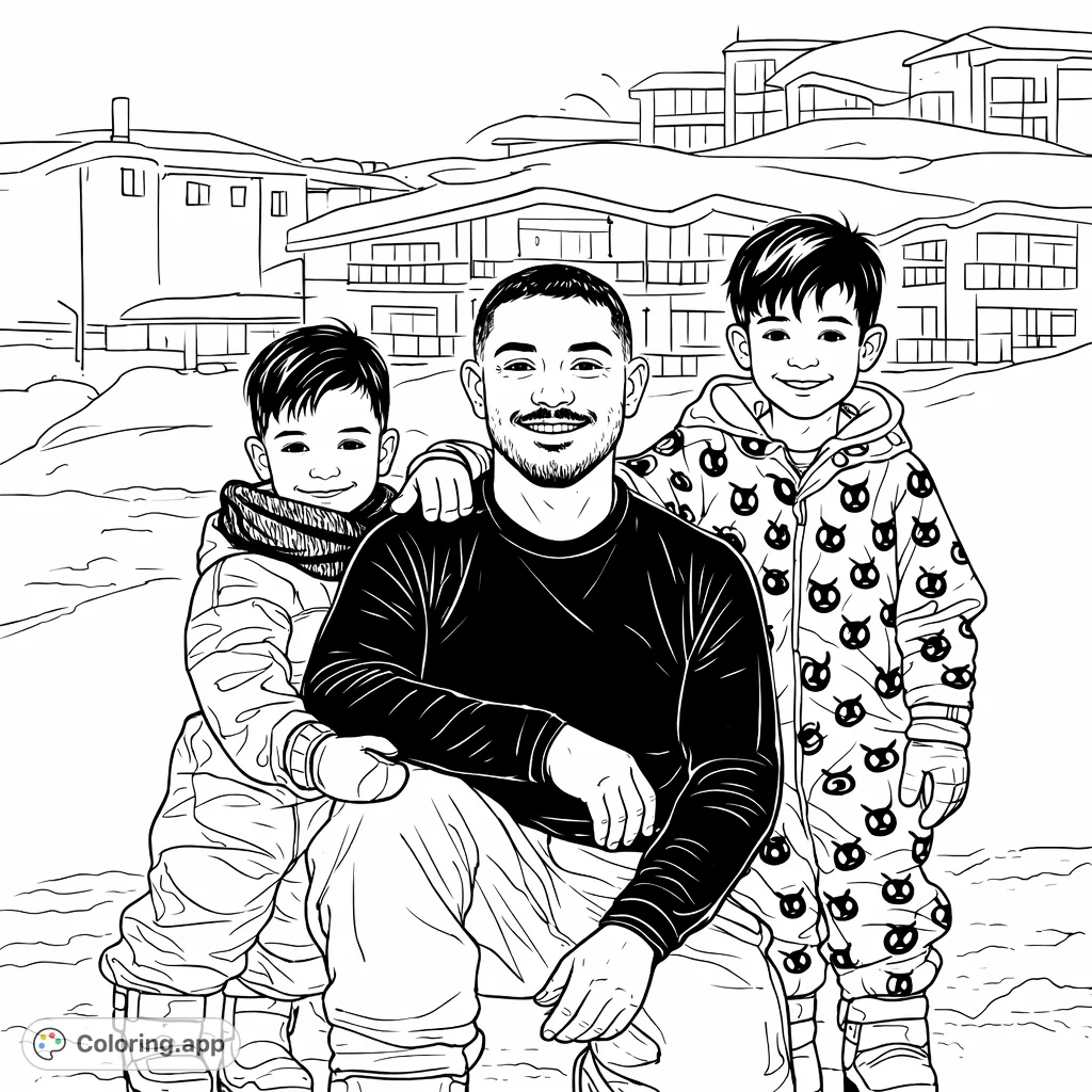 Capture heartwarming family memories in a snowy winter scene. Three figures in winter gear, surrounded by snow and distant buildings, offer a delightful coloring challenge.