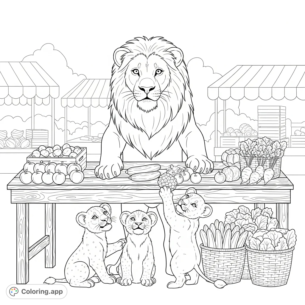 A friendly Lion teaches curious cubs about nutritious produce at a bustling farmer's market. A charming scene for learning and creative coloring.