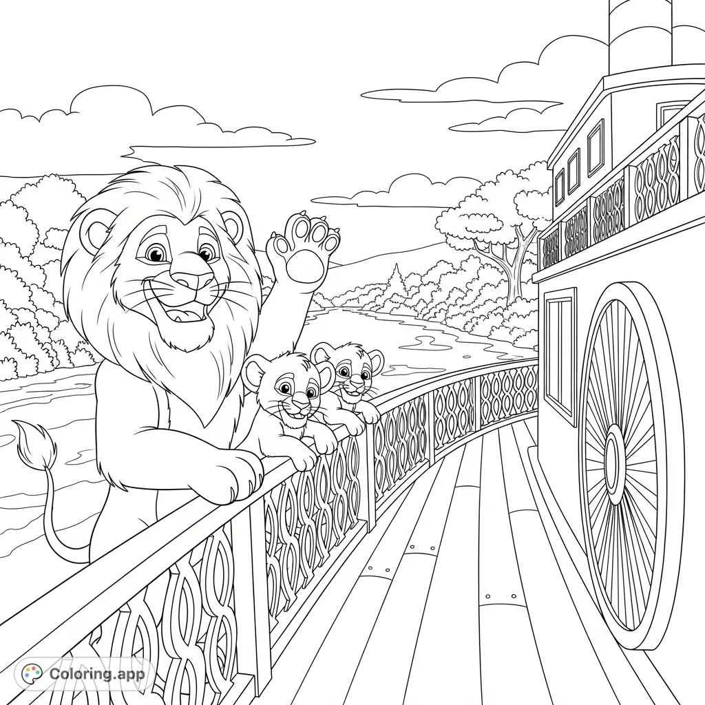 Join a family of cartoon lions on a delightful riverboat cruise, waving from the deck as they enjoy the scenic views. A charming adventure coloring page.
