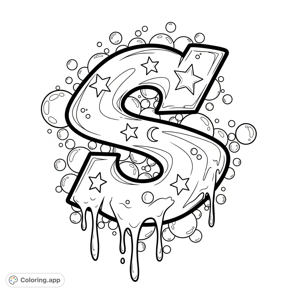 Unleash your creativity with this dynamic graffiti-style letter 'S' featuring cool paint drips, playful bubbles, and scattered stars, perfect for urban art enthusiasts.