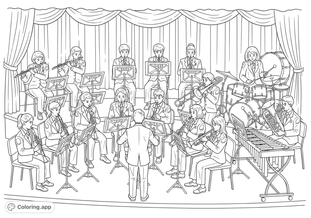 Capture the excitement of a middle school band concert with students playing various instruments on stage in their uniforms, ready for creative coloring!