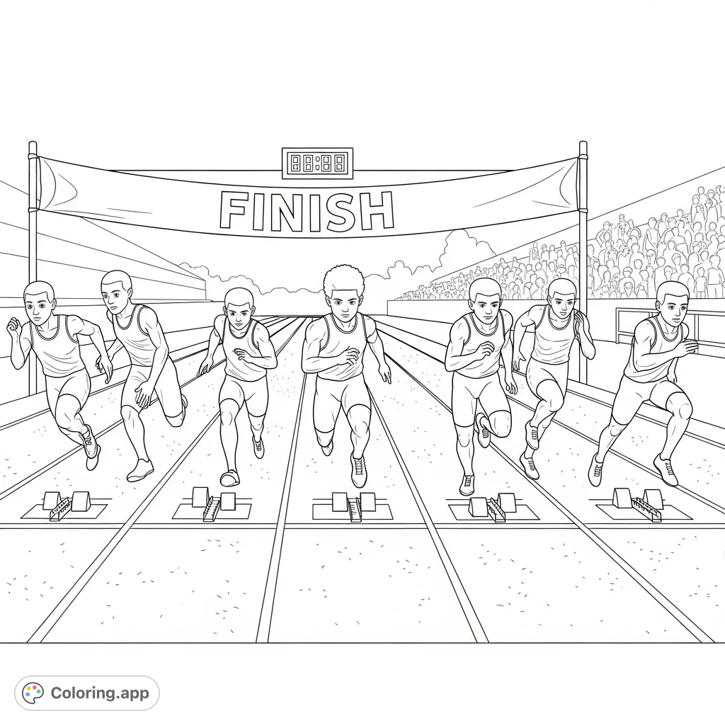 Capture the excitement of a 100-meter dash with boys in dynamic sprinting poses on an athletics track, complete with lane lines, a finish line, and a timing clock.