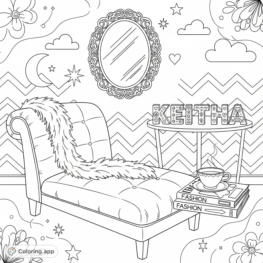 Step into a stylish bedroom featuring a velvet chaise lounge, personalized "Keitha" letters, and fashion magazines. A chic, fashionable bedroom coloring page.