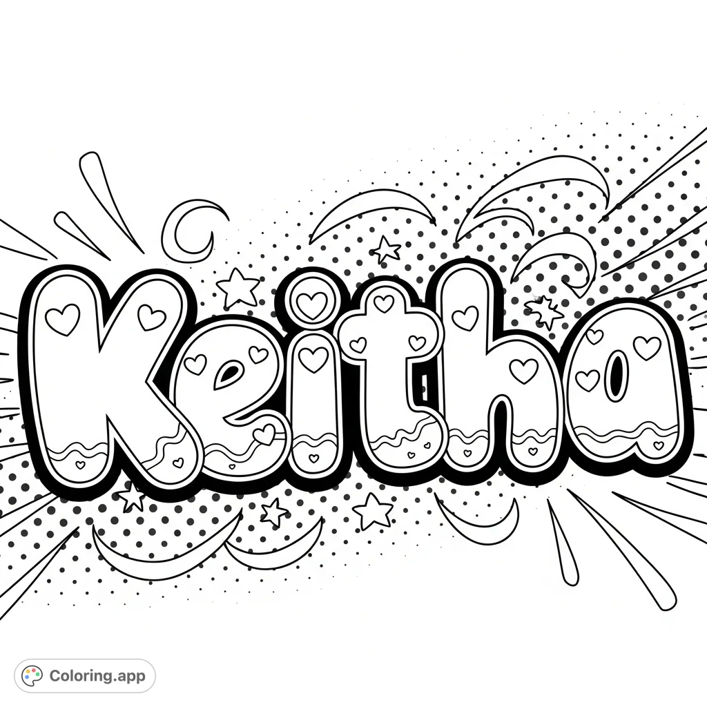 A fun and stylish "Keitha" name coloring page in pretty bubble letters, perfect for personalization and creative expression.
