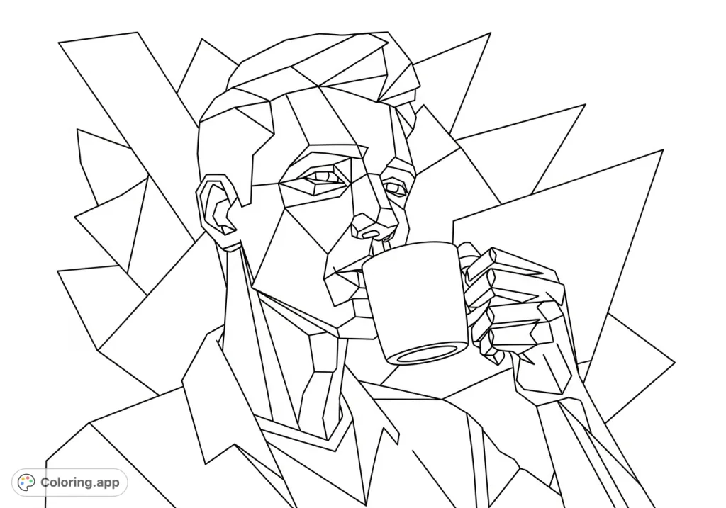 Explore sharp angles and fractured forms in this unique cubist portrait of a man enjoying coffee, set against a dynamic geometric background. A modern artistic challenge.