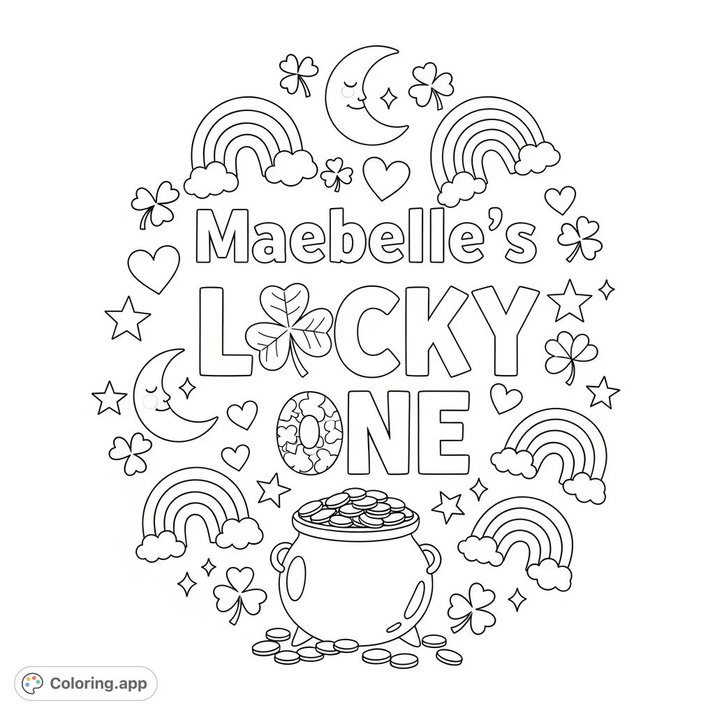 Celebrate a special day with this St. Patrick's themed coloring page, featuring "Maebelle's Lucky One" surrounded by charming lucky charms and a pot of gold.