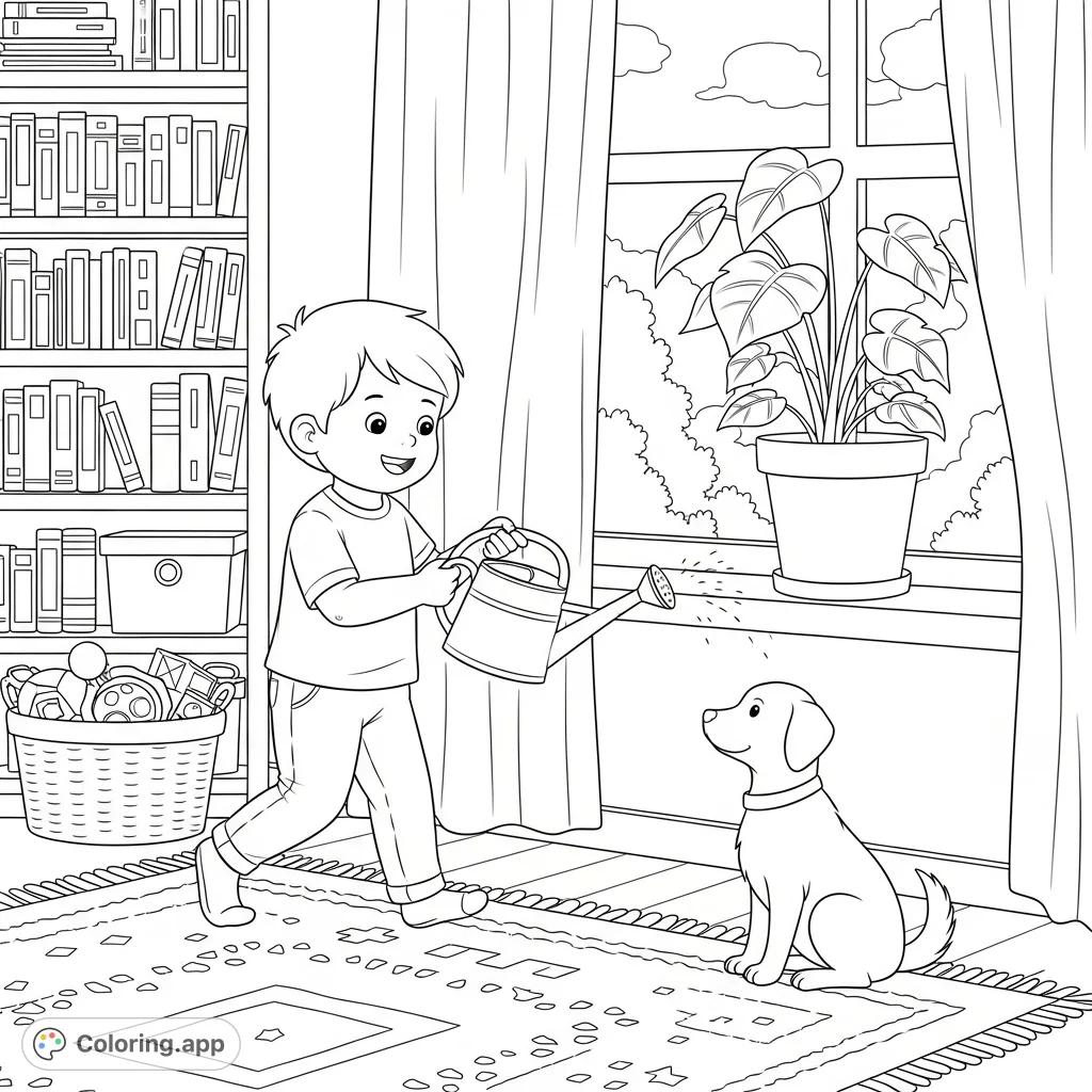 A child waters a plant while their dog watches in a tidy room, illustrating responsibility and care. Perfect for learning about chores and pets.