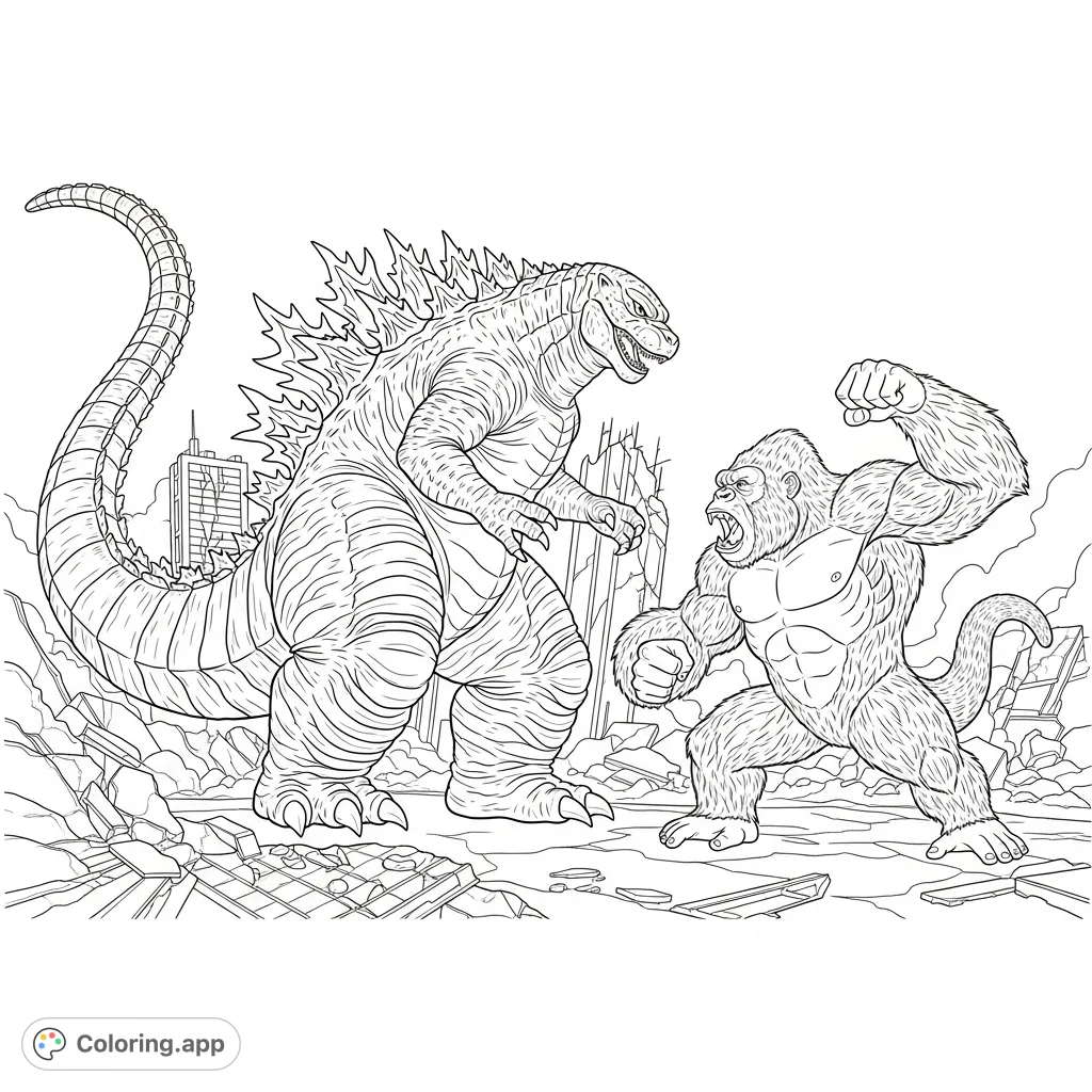 Witness an epic clash between two legendary titans, Godzilla and King Kong, in a dynamic scene of raw power and monumental scale.