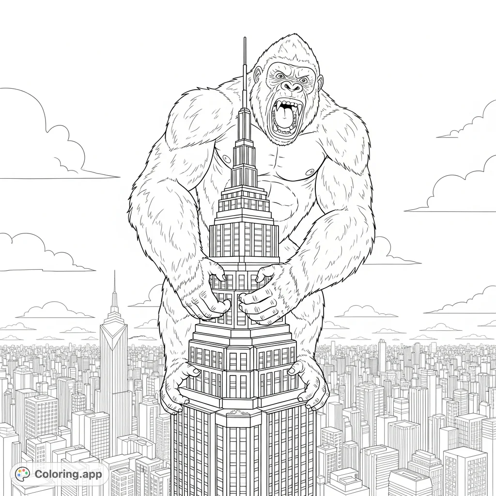 Color King Kong's iconic climb atop a towering city skyscraper, roaring over a vast urban landscape. A thrilling, detailed scene for fans!