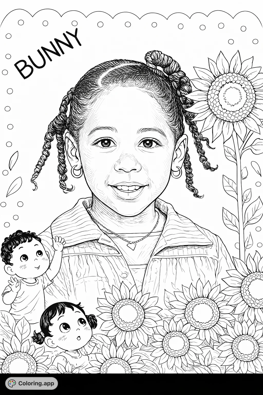 A delightful coloring page featuring a smiling child framed by cheerful sunflower-like blooms and playful cartoon figures. Perfect for bringing joy.