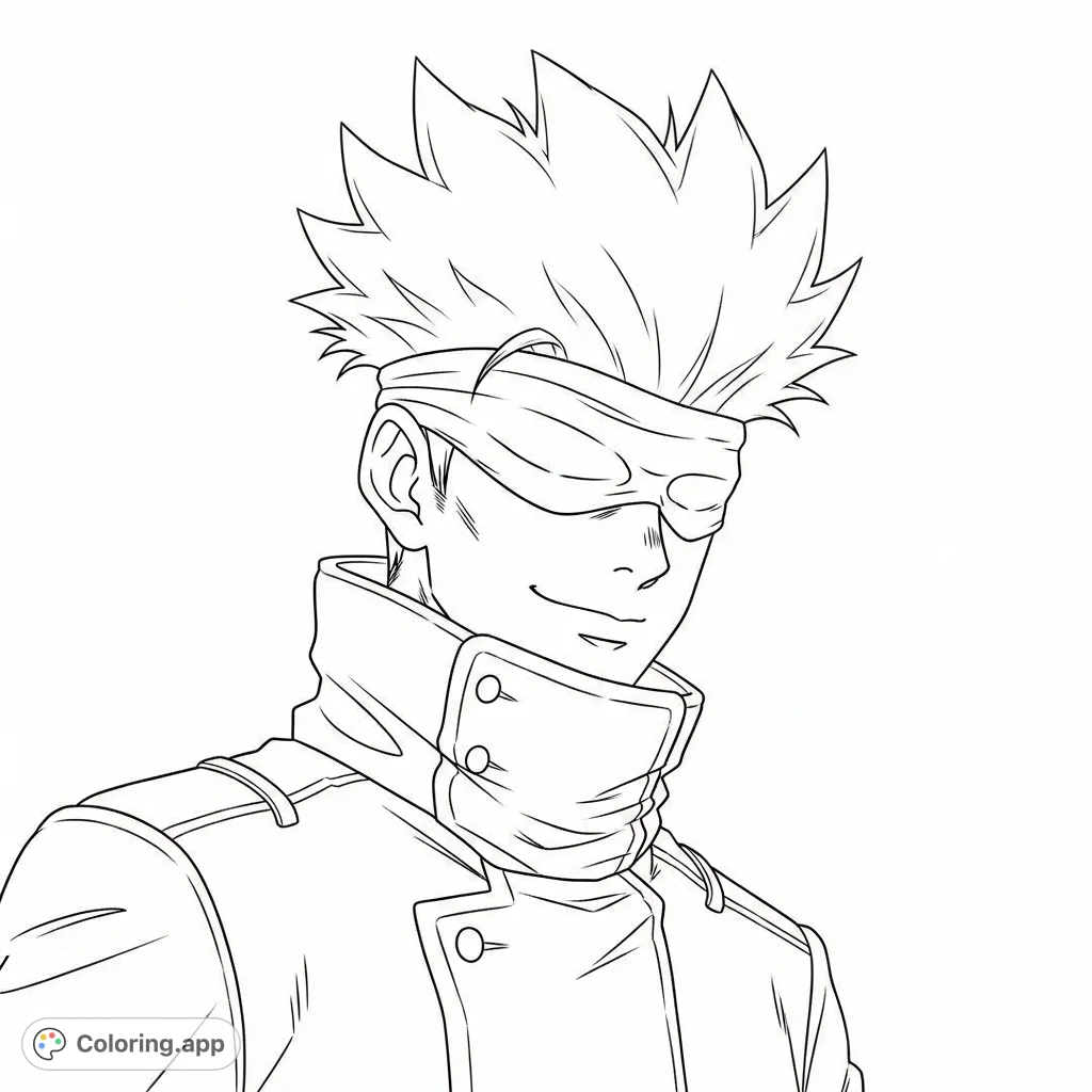 A mysterious male character with spiky hair, a blindfold covering his eyes, and a subtle smirk, depicted in a stylish, high-collared jacket. A compelling portrait awaiting your artistic touch.