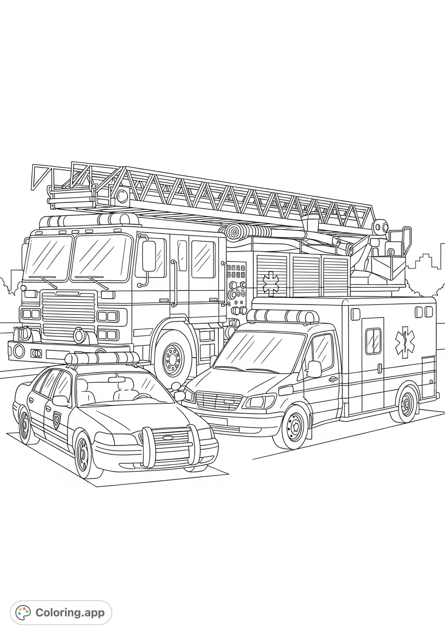 Explore a thrilling emergency vehicle scene with a detailed police car, fire truck, and ambulance. Perfect for kids to color their heroes on wheels!