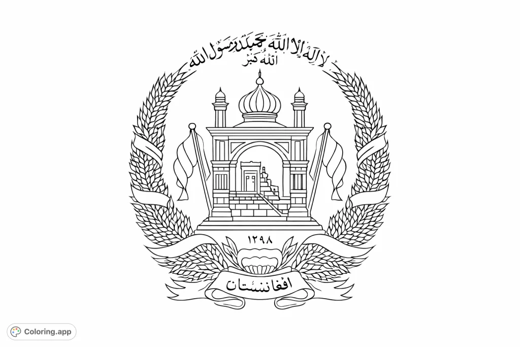 Explore the Afghanistan national flag, featuring a detailed central emblem with a mosque-like structure, flanking flags, wheat sheaves, and inscriptions.
