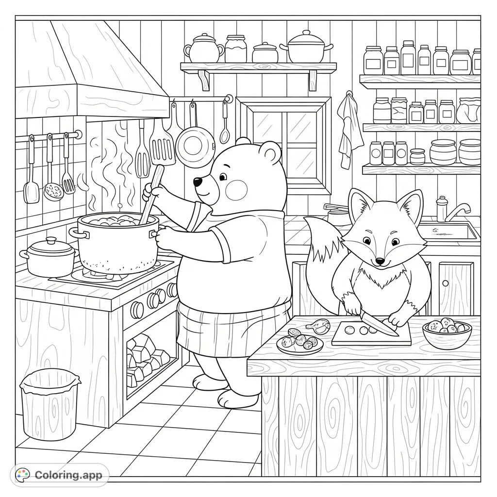 A charming free printable cozy kitchen coloring page featuring a cheerful bear and a fox cooking together, surrounded by detailed kitchen elements.