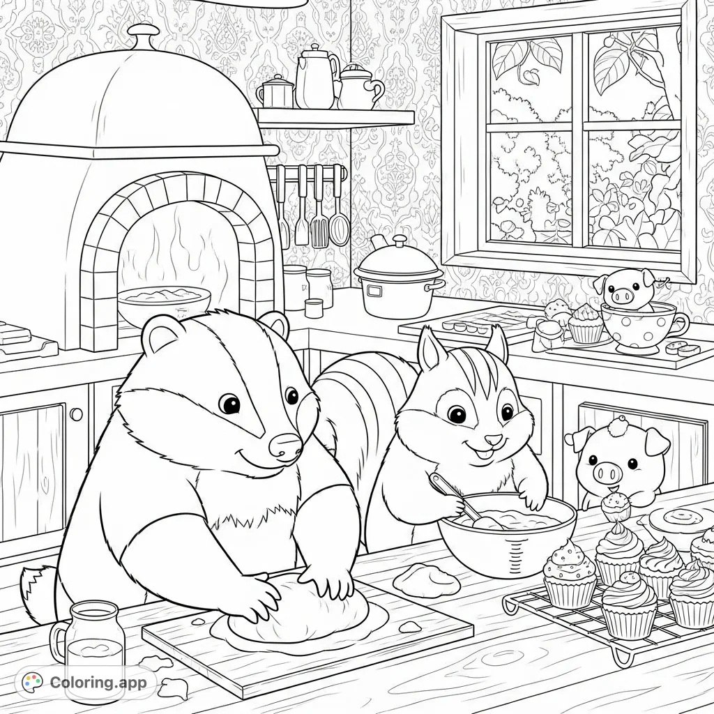 A delightful kitchen scene with portly animals baking: a badger kneading dough, a squirrel measuring, and a teacup pig decorating cupcakes. So cozy!