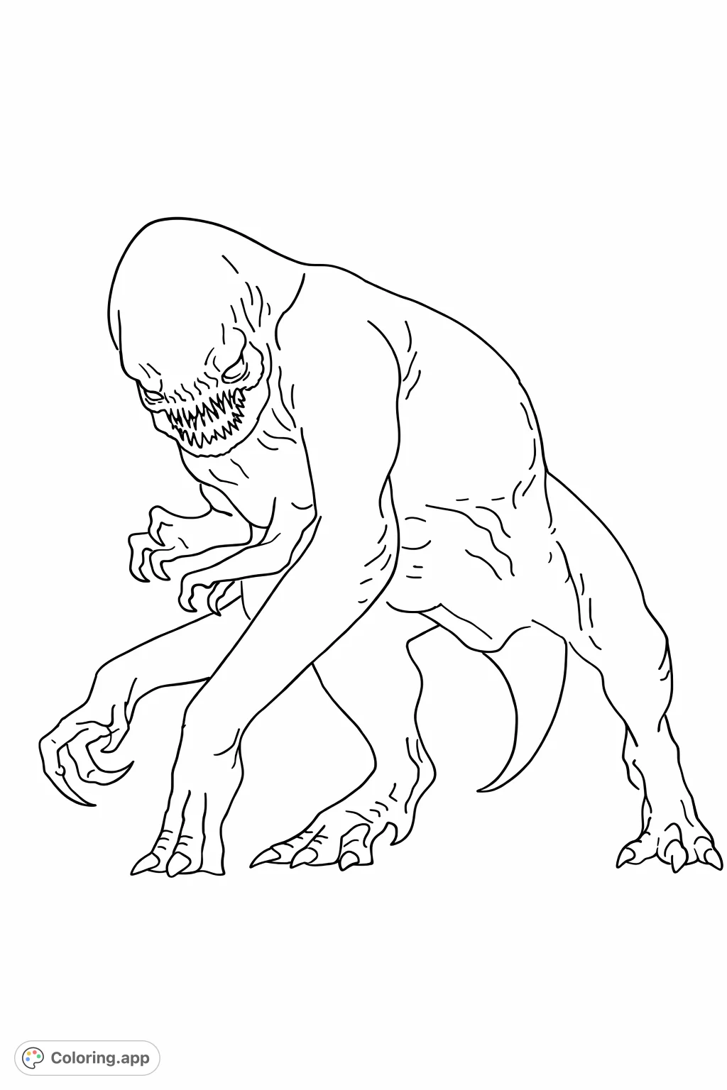 A powerful, bipedal creature with textured skin and sharp claws. Explore this primal beast, perfect for a futuristic cityscape coloring page or monster enthusiasts.