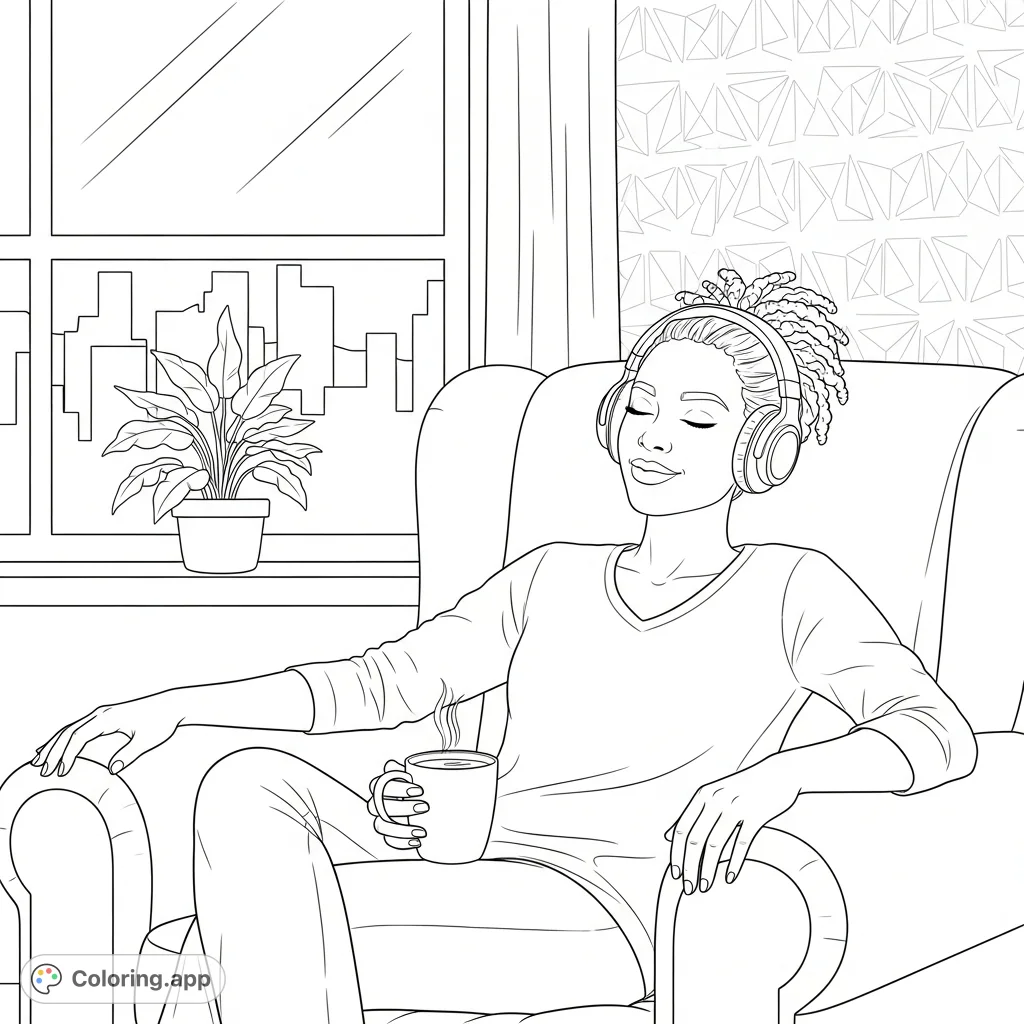 A Black woman enjoys music, relaxing in a plush armchair with headphones. A serene scene, perfect for adding your personal touch of calm and melody.