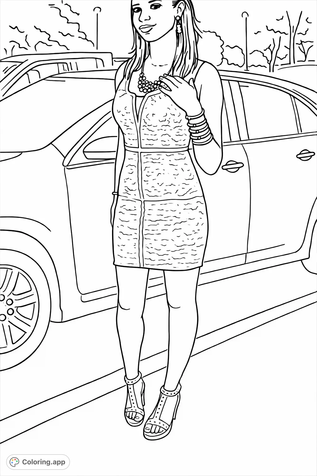 An elegant figure stands next to a car, adorned with a decorative necklace and bracelets, wearing a stylish patterned dress and heels. A chic fashion coloring page.