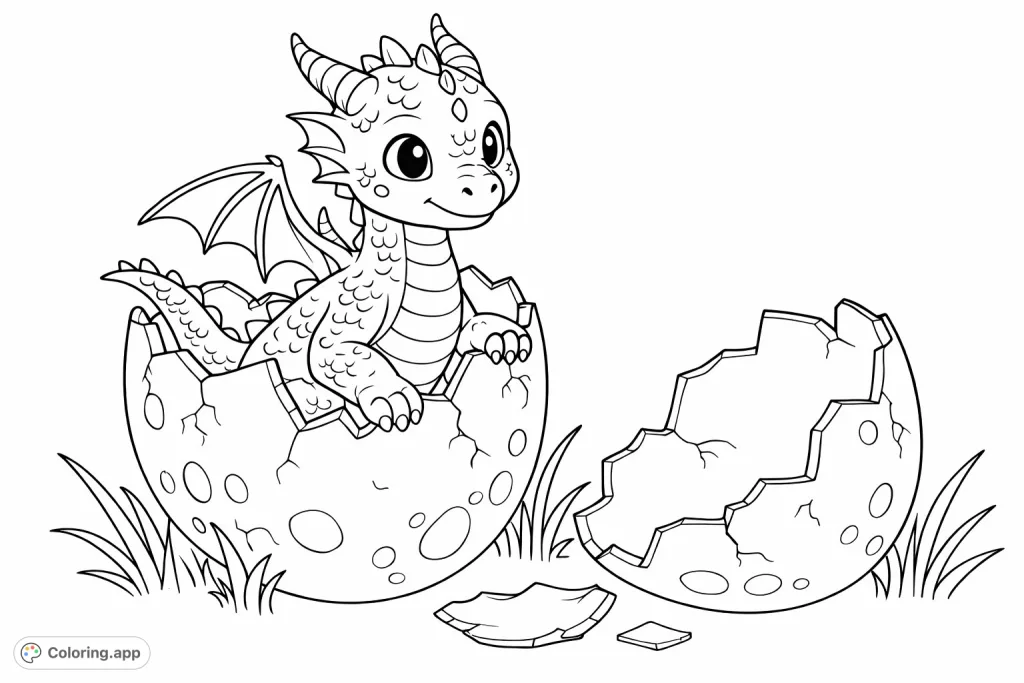 Discover an adorable baby dragon peeking from its freshly hatched egg. A delightful fantasy scene perfect for imaginative coloring fun!