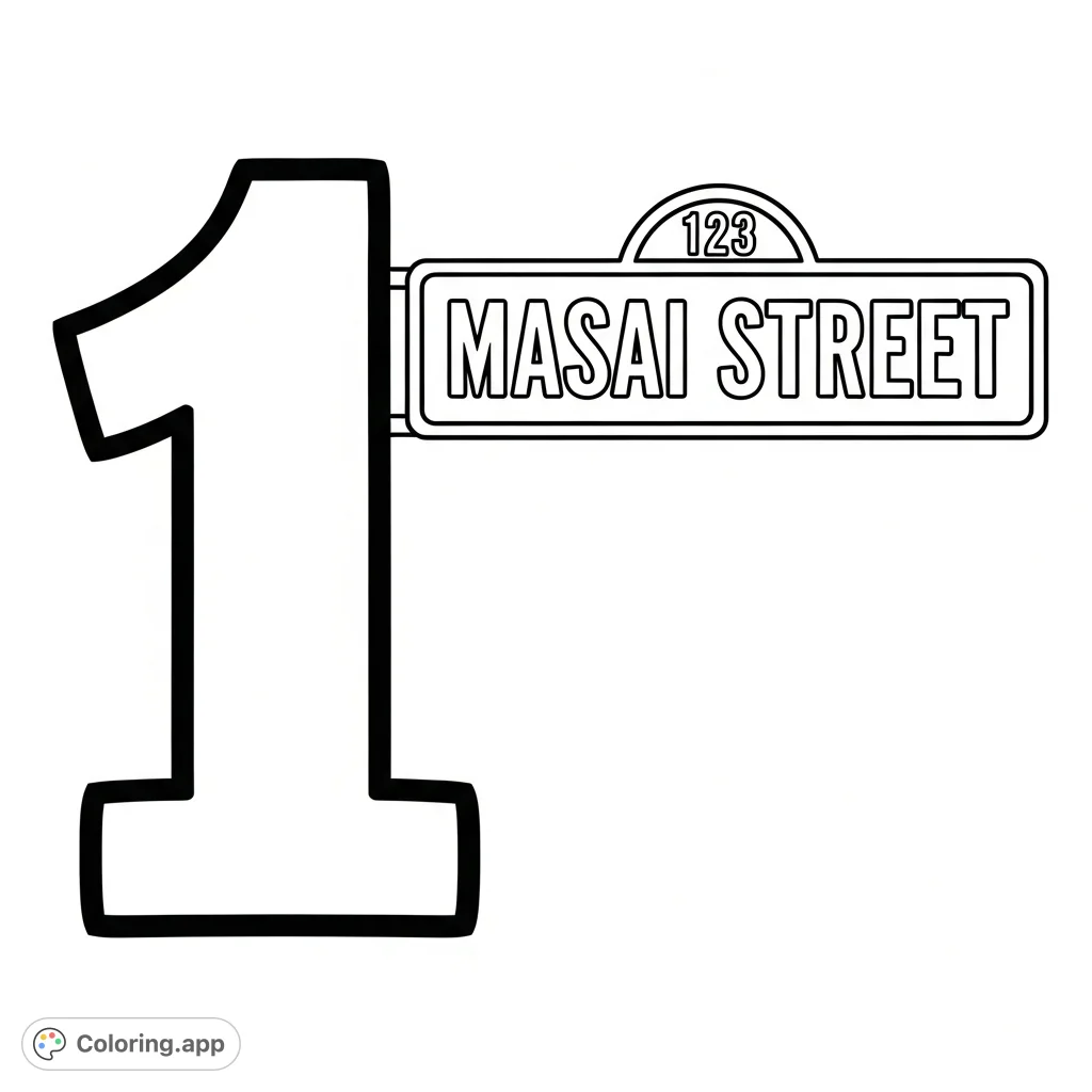 Color a prominent, stylized numeral "1" with a thick border, alongside a detailed street sign featuring "MASAI STREET" and "123" in an arch.