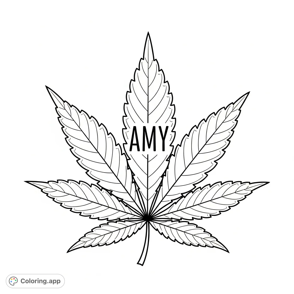 A unique coloring page featuring a stylized marijuana leaf with the name AMY intricately embedded within its form. Ideal for adult self-expression.