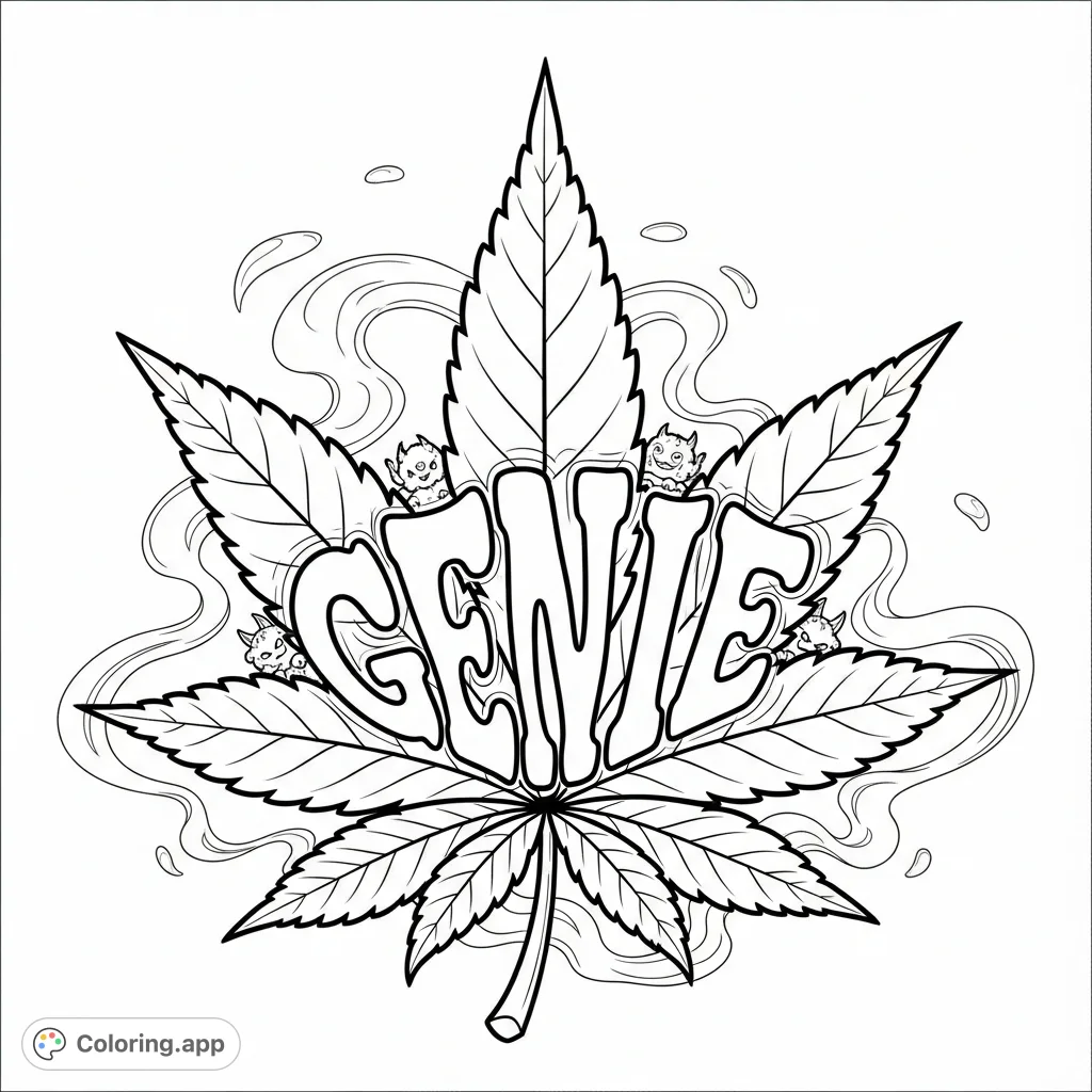 A detailed coloring page featuring a stylized marijuana leaf with its characteristic seven-lobed structure and "GENIE" text artfully integrated into its central lobe.
