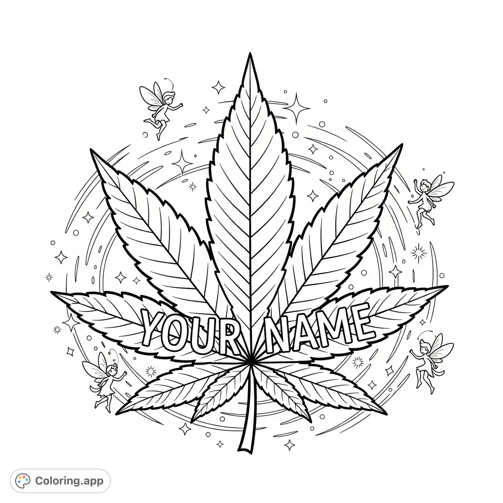 Discover a unique marijuana leaf coloring page, personalized with your name. A detailed adult coloring page offering creative expression and relaxation.