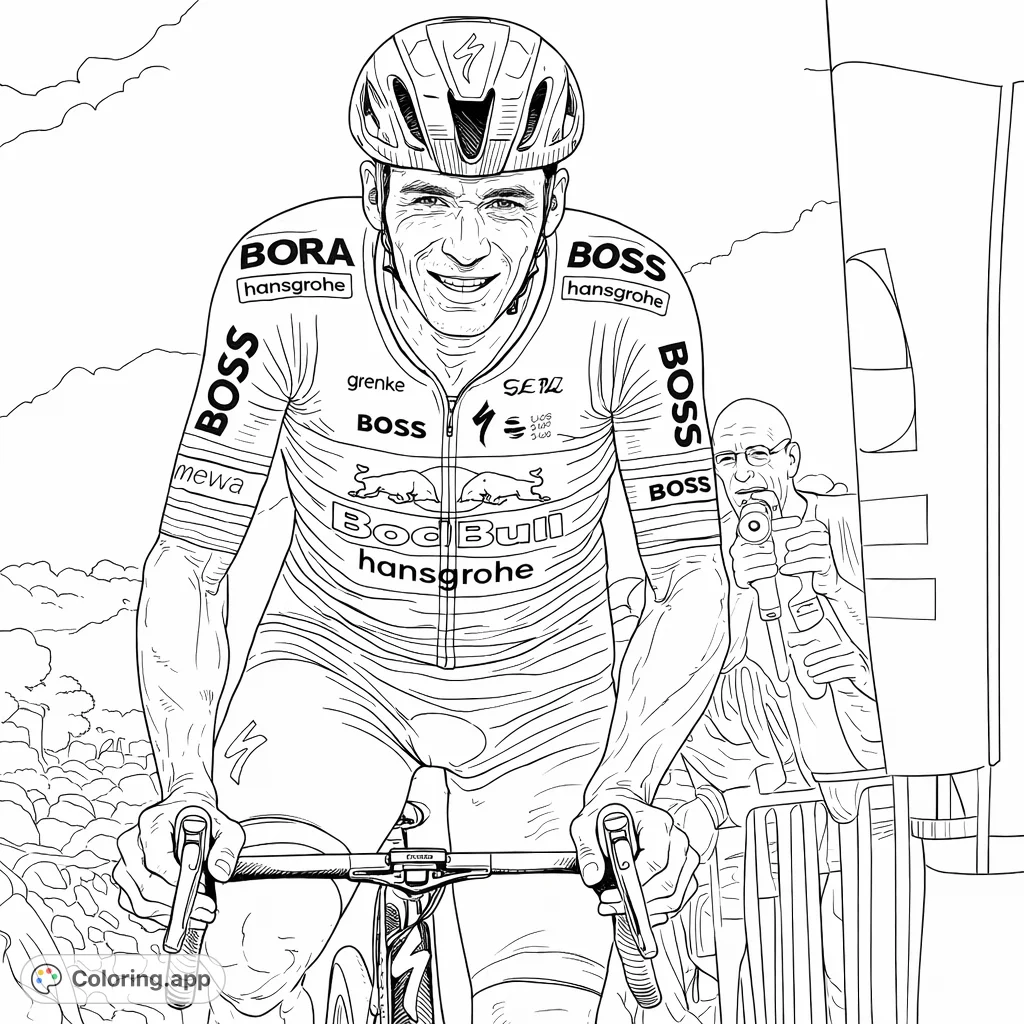 Color a determined cyclist in full race gear, pushing hard on a detailed racing bike. Spectators cheer from the sidelines against a hilly backdrop.