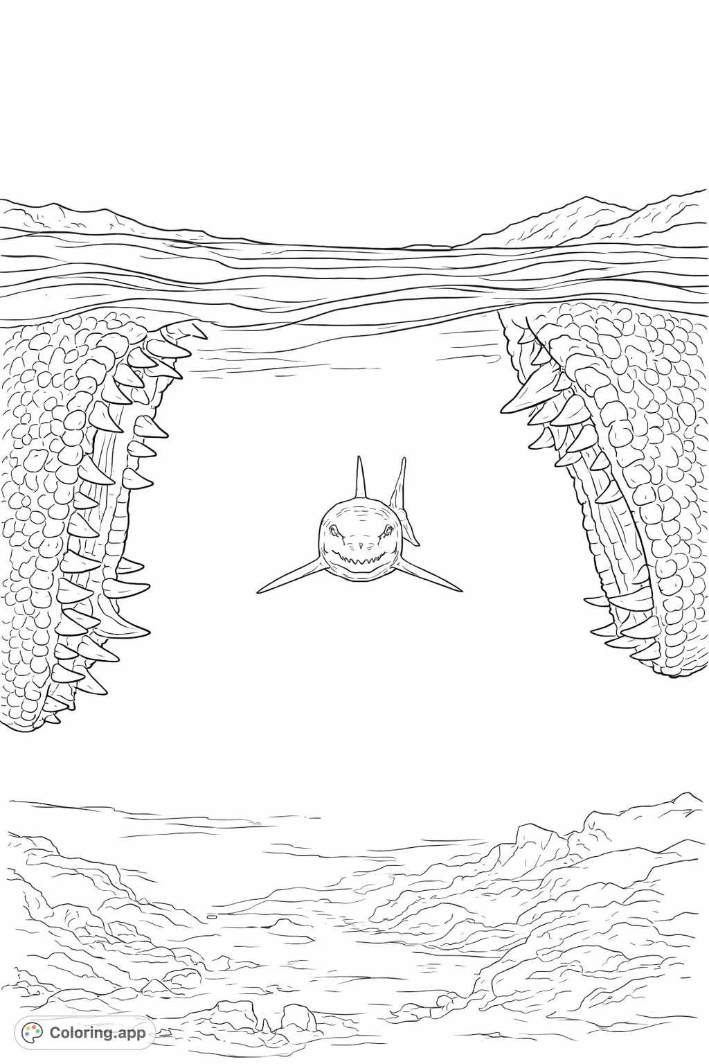 Dive into an epic prehistoric ocean scene featuring massive marine creature jaws breaking the surface and a powerful aquatic predator lurking below. A thrilling dinosaur coloring page!