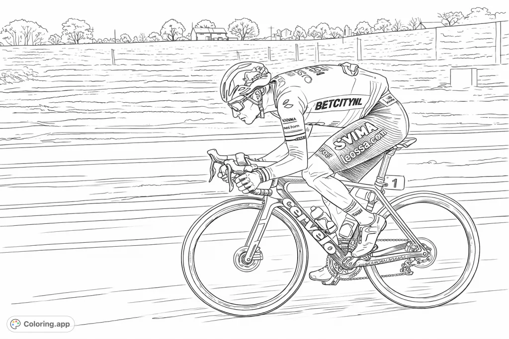Capture the excitement of competitive cycling! This detailed coloring page features a focused athlete on a high-performance race bike, perfect for sports enthusiasts.