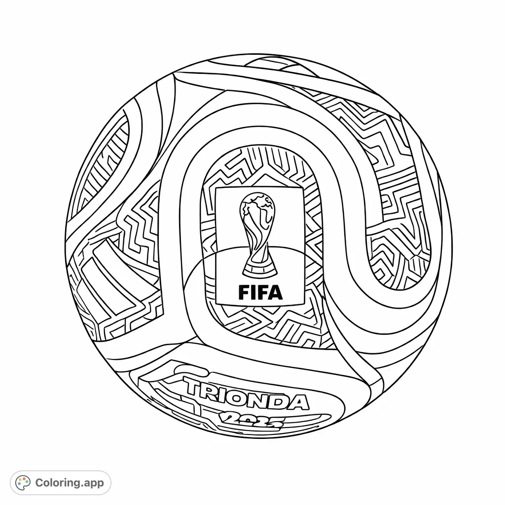 Color this dynamic soccer ball featuring intricate panel designs, star patterns, and championship emblems. A fun sports-themed page for all ages.