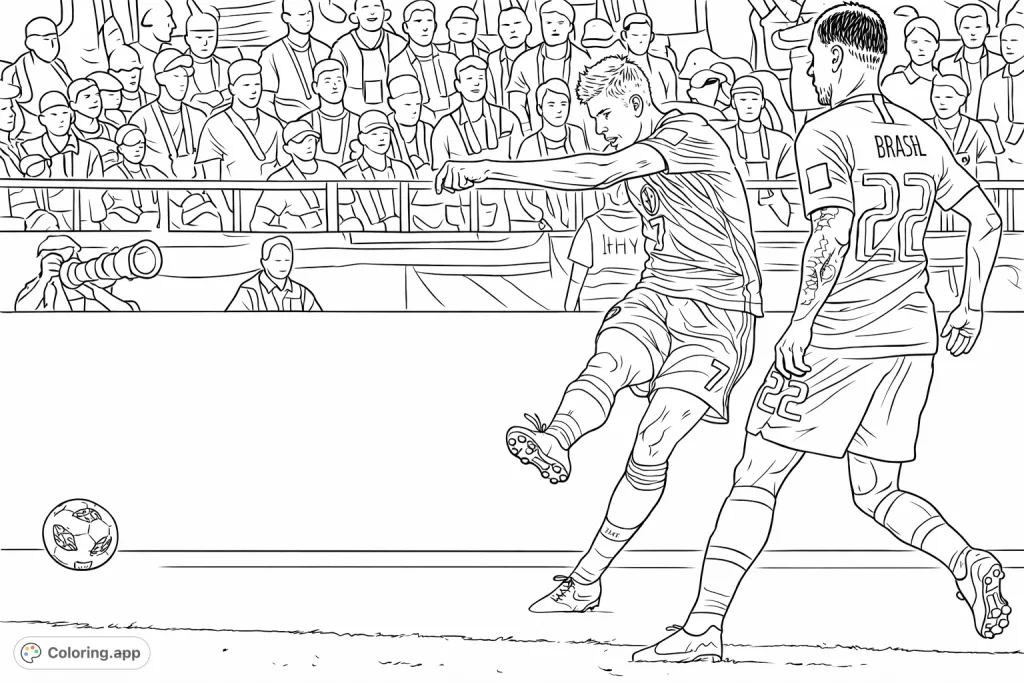 Capture the excitement of a soccer game with this dynamic coloring page featuring a player in mid-kick, a ball, and a stadium crowd.