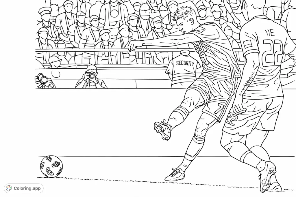 Capture the excitement of a soccer match! A dynamic player kicks the ball while an opponent watches.